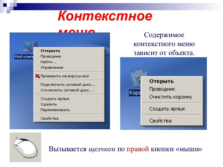 Контекстное меню Содержимое контекстного меню зависит от объекта. Вызывается щелчком по правой кнопки «мыши»