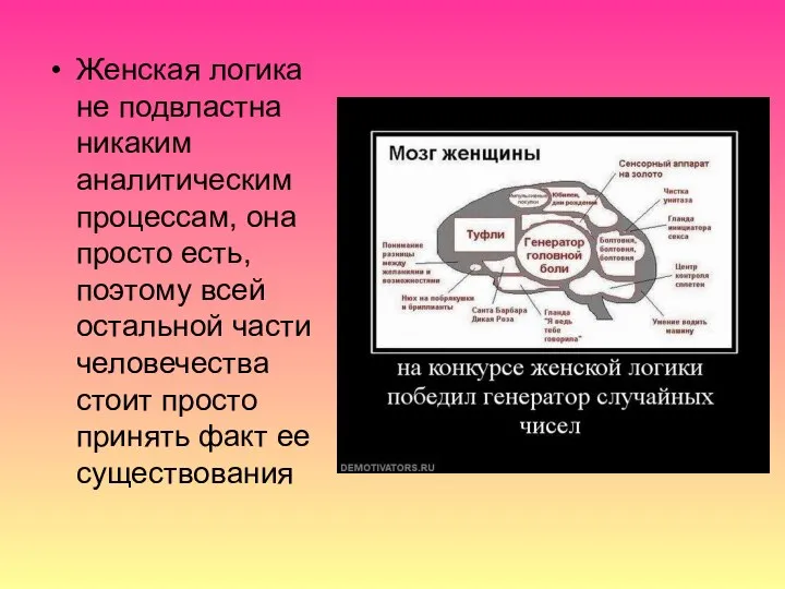 Женская логика не подвластна никаким аналитическим процессам, она просто есть, поэтому