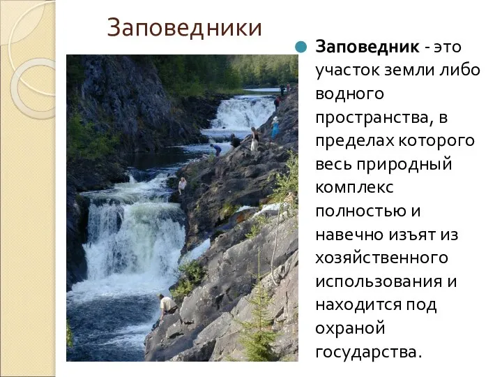 Заповедники Заповедник - это участок земли либо водного пространства, в пределах