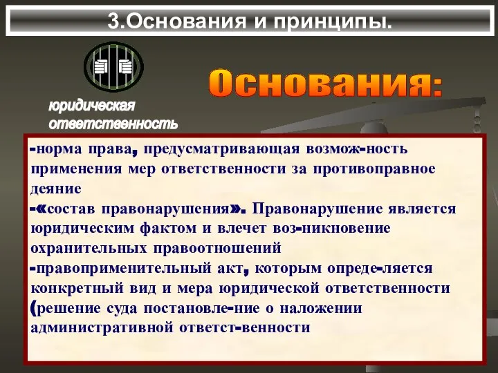 3.Основания и принципы. -норма права, предусматривающая возмож-ность применения мер ответственности за