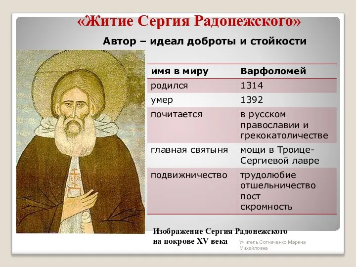 «Житие Сергия Радонежского» Автор – идеал доброты и стойкости Изображение Сергия