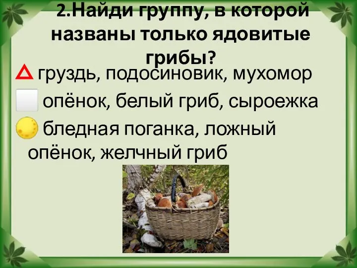 2.Найди группу, в которой названы только ядовитые грибы? △ груздь, подосиновик,