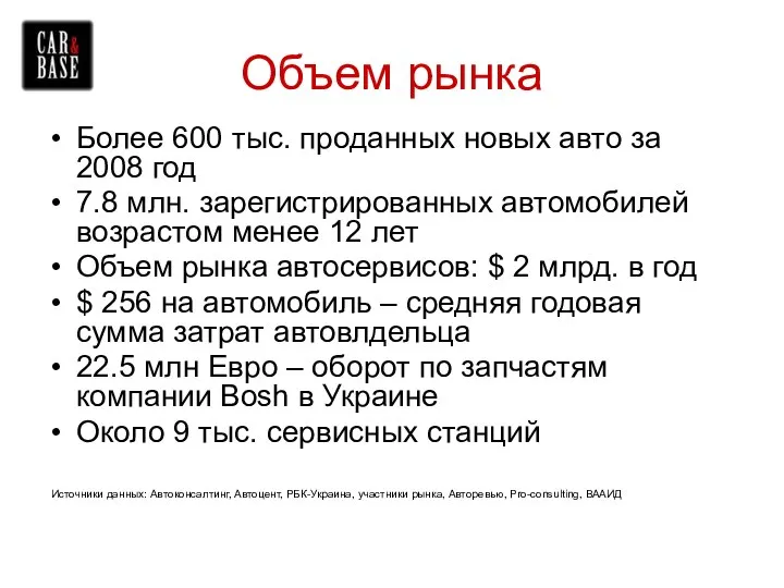 Объем рынка Более 600 тыс. проданных новых авто за 2008 год