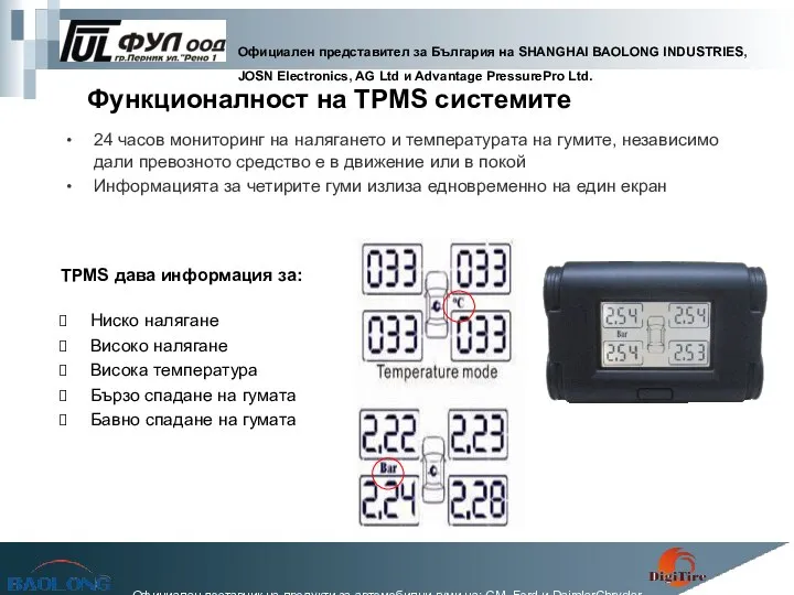 Функционалност на TPMS системите 24 часов мониторинг на налягането и температурата
