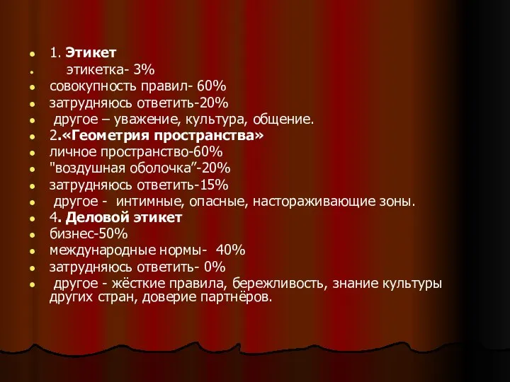 1. Этикет этикетка- 3% совокупность правил- 60% затрудняюсь ответить-20% другое –