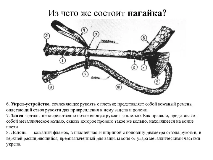 Из чего же состоит нагайка? 6. Укреп-устройство, сочленяющее рукоять с плетью;