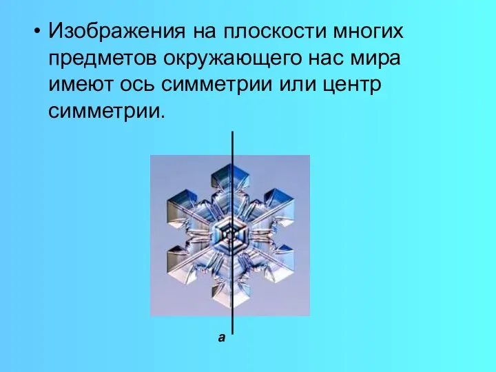 Изображения на плоскости многих предметов окружающего нас мира имеют ось симметрии или центр симметрии. а