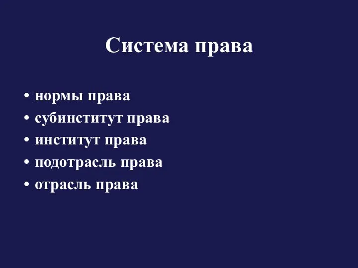 Система права нормы права субинститут права институт права подотрасль права отрасль права