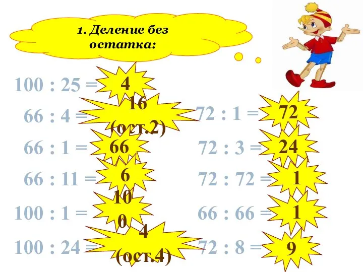 1. Деление без остатка: 100 : 25 = 66 : 4