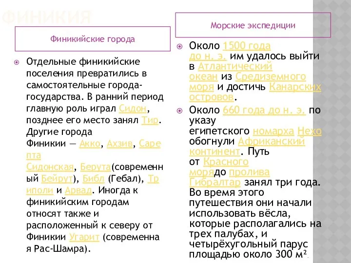 Финикия Финикийские города Морские экспедиции Отдельные финикийские поселения превратились в самостоятельные