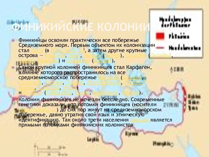 Финикийские колонии Финикийцы освоили практически все побережье Средиземного моря. Первым объектом