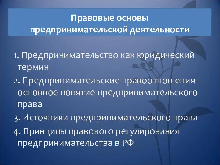 Правовые основы предпринимательской деятельности 1. Предпринимательство как юридический термин 2. Предпринимательские