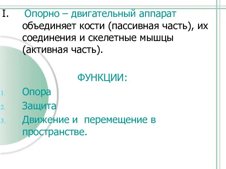 I. Опорно – двигательный аппарат объединяет кости (пассивная часть), их соединения