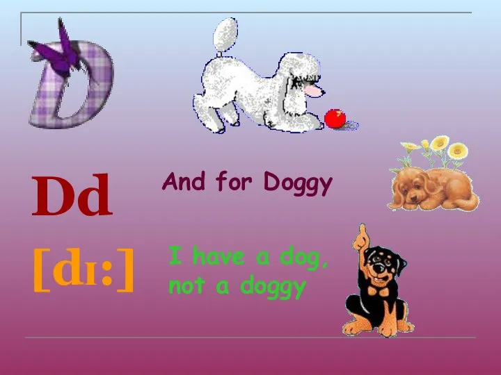 D is for Dog Dd [dɪ:] And for Doggy I have a dog, not a doggy