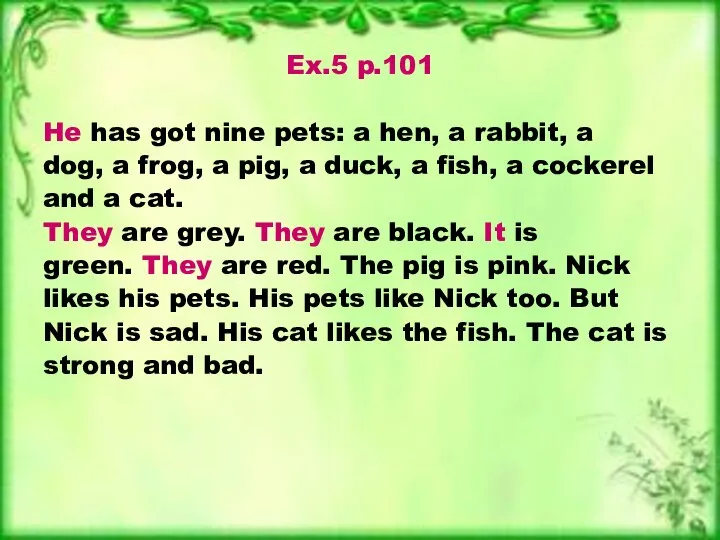 Ex.5 p.101 He has got nine pets: a hen, a rabbit,