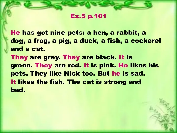 Ex.5 p.101 He has got nine pets: a hen, a rabbit,