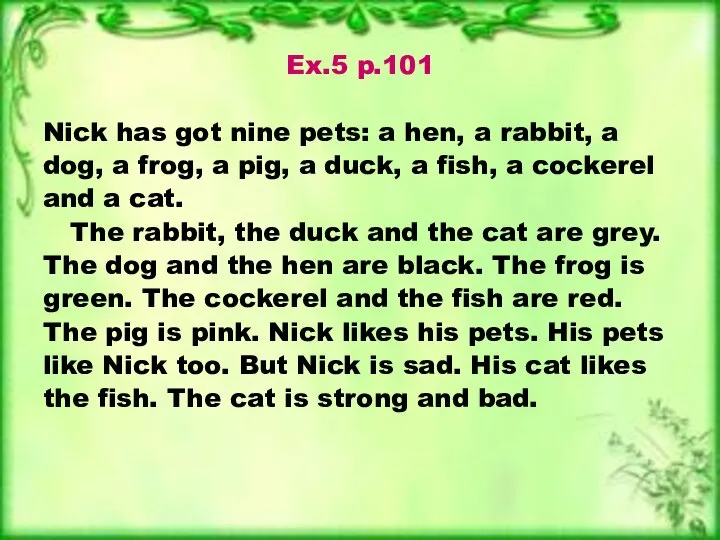 Ex.5 p.101 Nick has got nine pets: a hen, a rabbit,