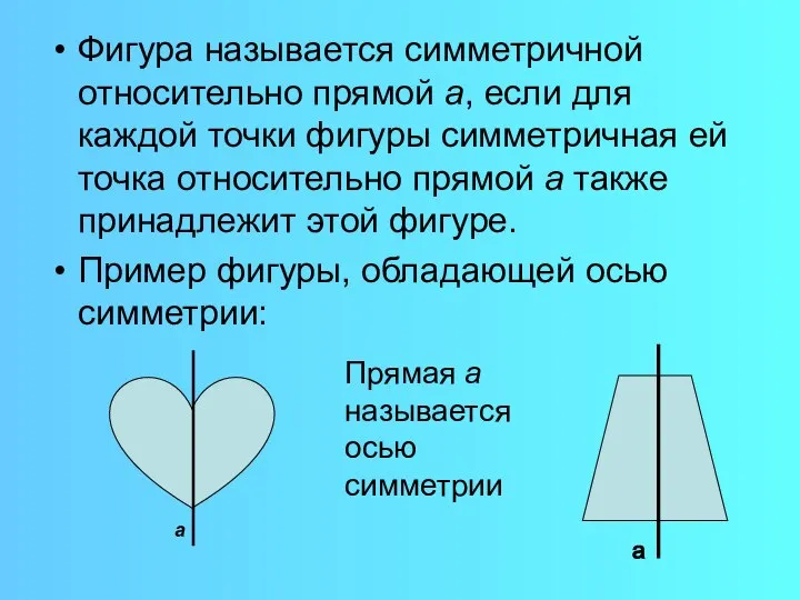 Фигура называется симметричной относительно прямой а, если для каждой точки фигуры