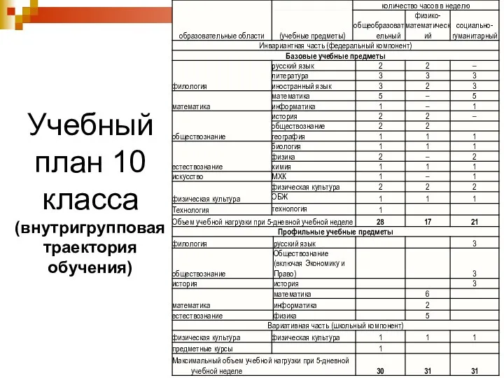 Учебный план 10 класса (внутригрупповая траектория обучения)