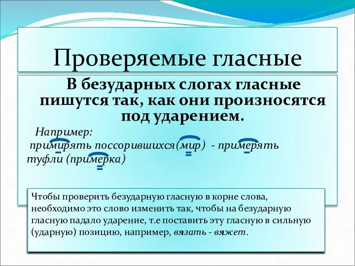 Проверяемые гласные В безударных слогах гласные пишутся так, как они произносятся