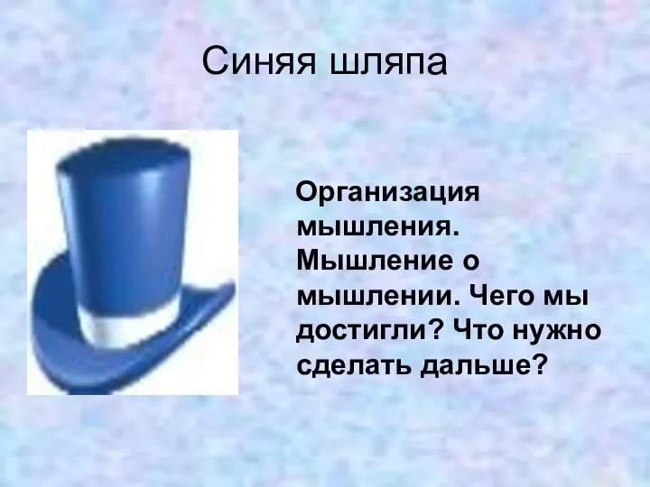 Синяя шляпа Организация мышления. Мышление о мышлении. Чего мы достигли? Что нужно сделать дальше?