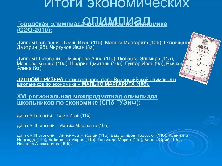 Итоги экономических олимпиад Городская олимпиада школьников по экономике (СЭО-2010): Диплом II