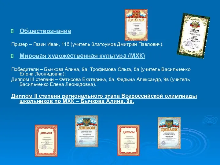 Обществознание Призер – Газин Иван, 11б (учитель Златоумов Дмитрий Павлович). Мировая