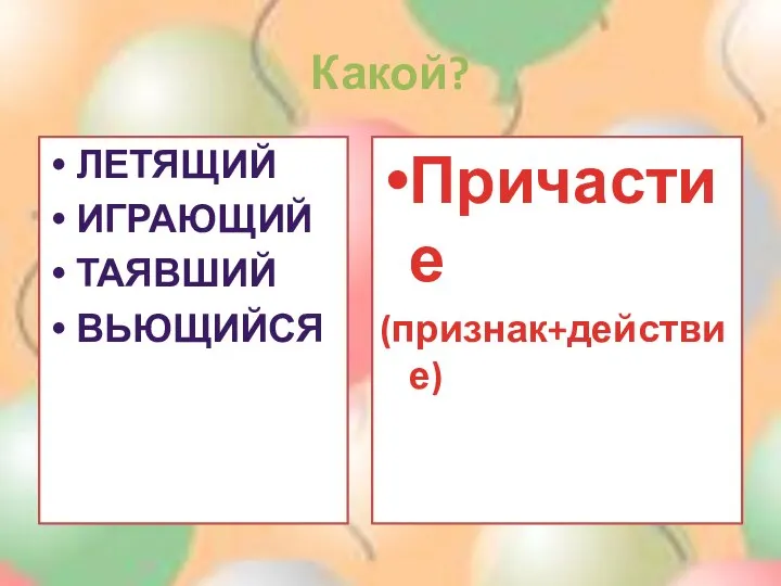 Какой? ЛЕТЯЩИЙ ИГРАЮЩИЙ ТАЯВШИЙ ВЬЮЩИЙСЯ Причастие (признак+действие)