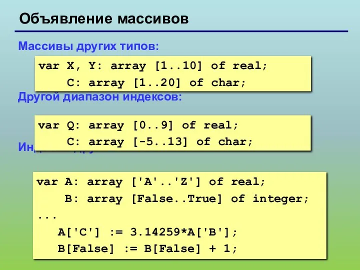 Объявление массивов Массивы других типов: Другой диапазон индексов: Индексы других типов: