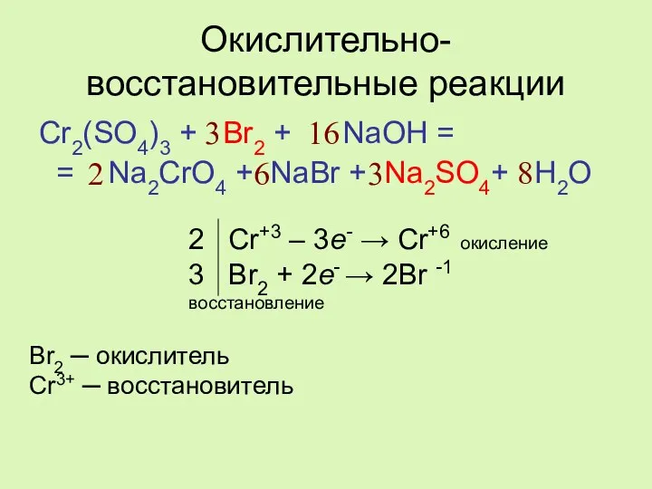 Окислительно-восстановительные реакции Cr2(SO4)3 + Br2 + NaOH = = Na2CrO4 +