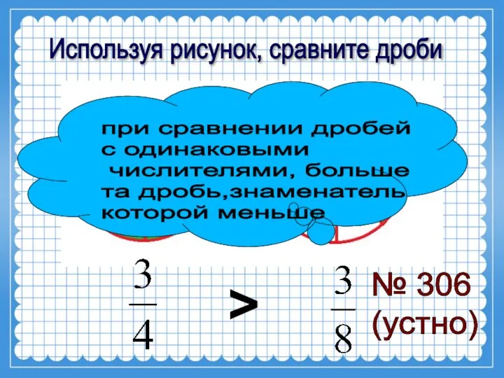 Используя рисунок, сравните дроби > при сравнении дробей с одинаковыми числителями,