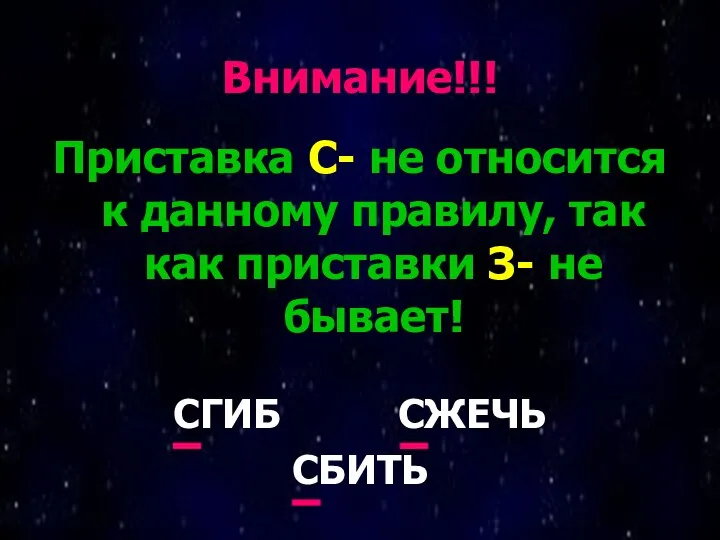 Внимание!!! Приставка С- не относится к данному правилу, так как приставки