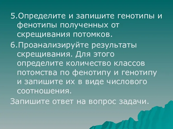 5.Определите и запишите генотипы и фенотипы полученных от скрещивания потомков. 6.Проанализируйте