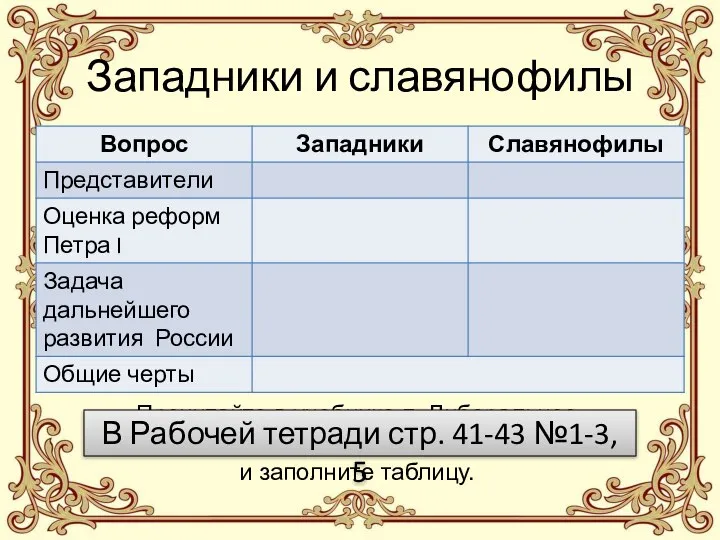 Западники и славянофилы Прочитайте в учебнике п. Либеральное движение. Западники и