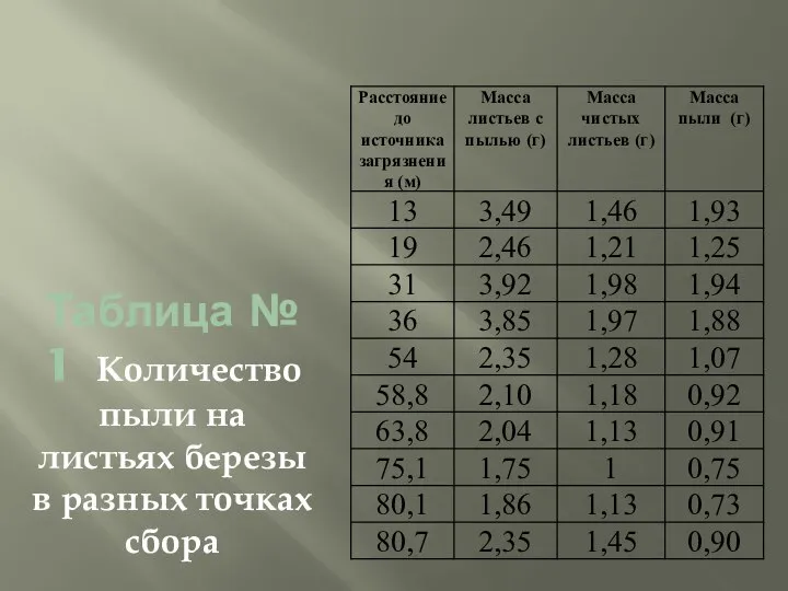 Таблица № 1 Количество пыли на листьях березы в разных точках сбора