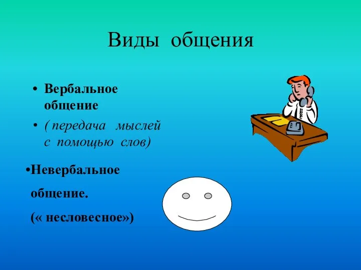 Виды общения Вербальное общение ( передача мыслей с помощью слов) Невербальное общение. (« несловесное»)