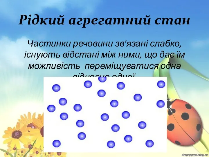 Рідкий агрегатний стан Частинки речовини зв'язані слабко, існують відстані між ними,