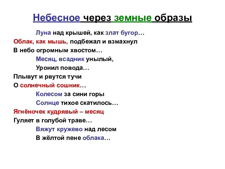 Небесное через земные образы Луна над крышей, как злат бугор… Облак,