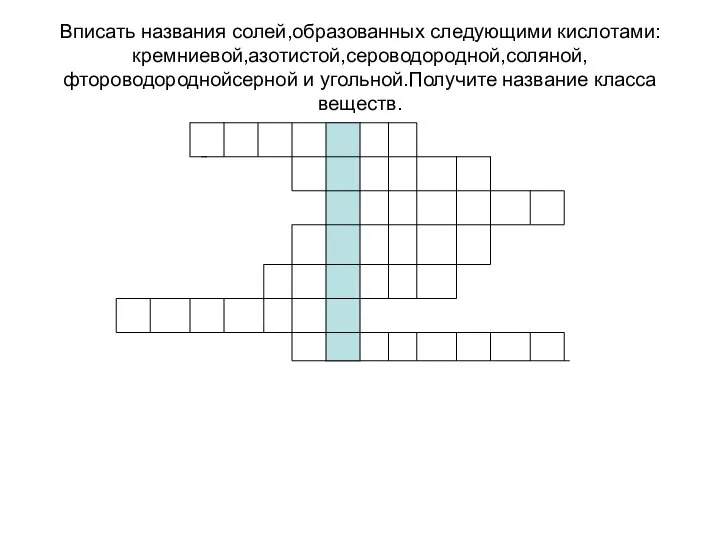 Вписать названия солей,образованных следующими кислотами: кремниевой,азотистой,сероводородной,соляной,фтороводороднойсерной и угольной.Получите название класса веществ.