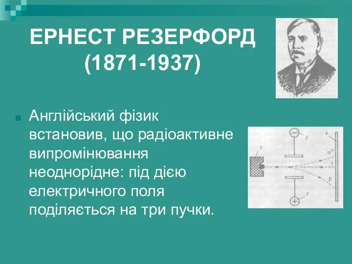 ЕРНЕСТ РЕЗЕРФОРД (1871-1937) Англійський фізик встановив, що радіоактивне випромінювання неоднорідне: під