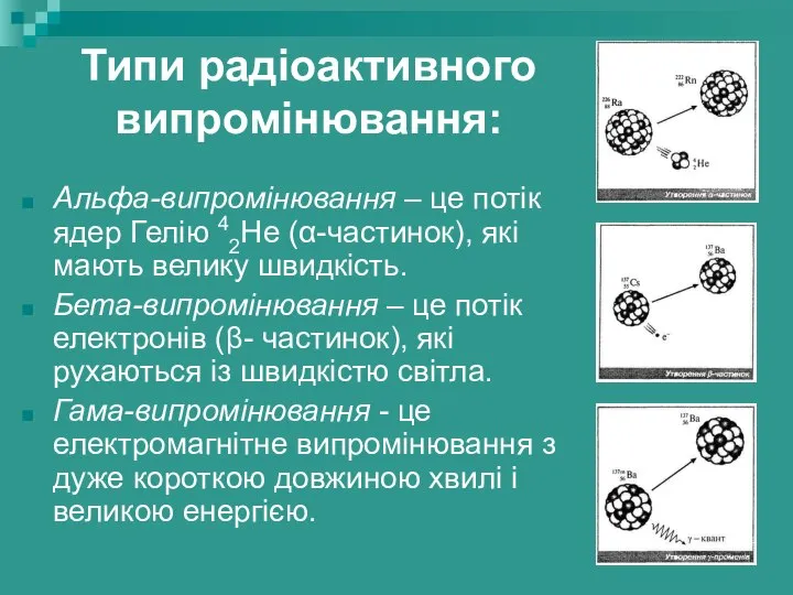 Типи радіоактивного випромінювання: Альфа-випромінювання – це потік ядер Гелію 42Не (α-частинок),