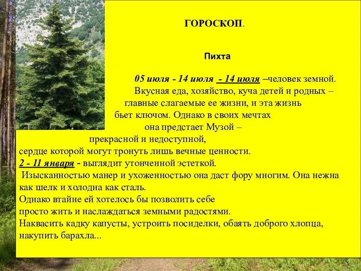 ГОРОСКОП. Пихта 05 июля - 14 июля - 14 июля –человек