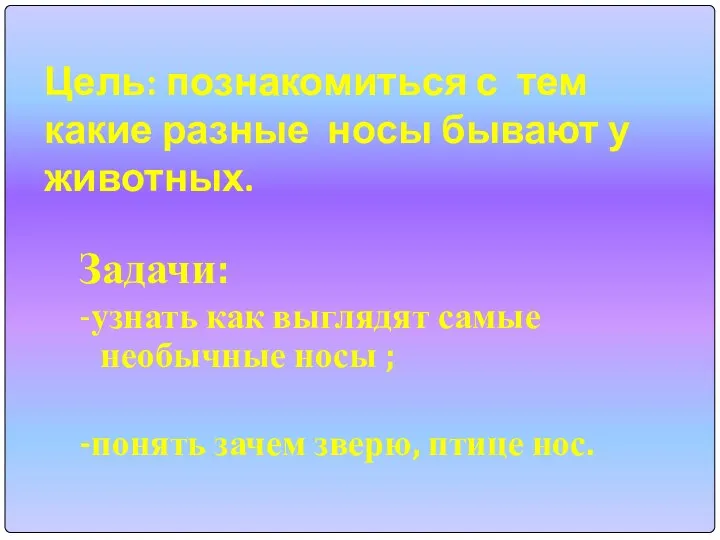 Цель: познакомиться с тем какие разные носы бывают у животных. Задачи: