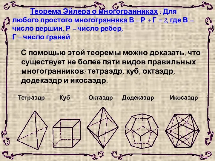 Теорема Эйлера о многогранниках : Для любого простого многогранника В –