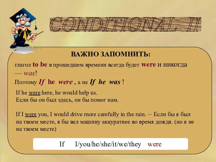 CONDITIONAL II ВАЖНО ЗАПОМНИТЬ: глагол to be в прошедшем времени всегда