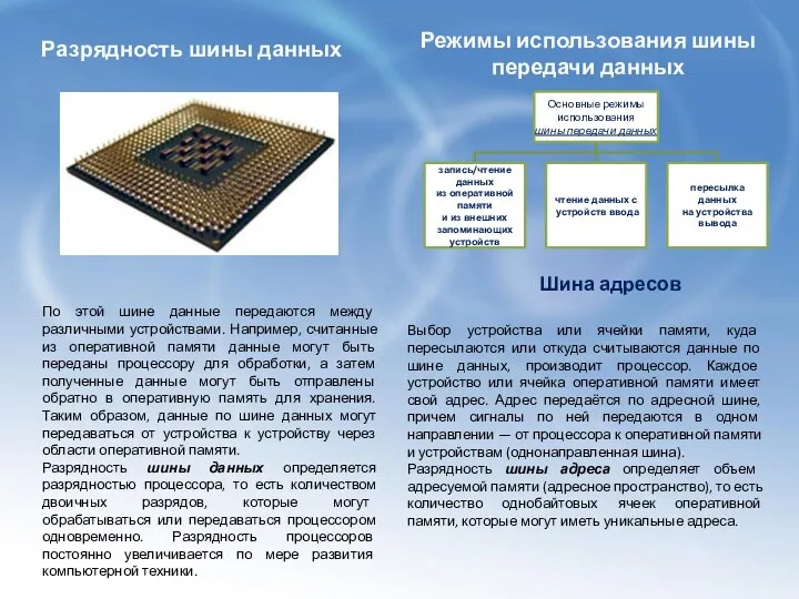 По этой шине данные передаются между различными устройствами. Например, считанные из