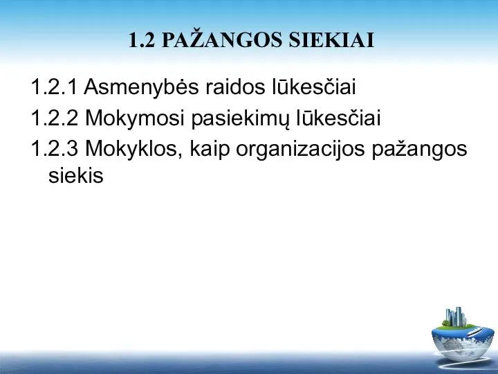 1.2.1 Asmenybės raidos lūkesčiai 1.2.2 Mokymosi pasiekimų lūkesčiai 1.2.3 Mokyklos, kaip