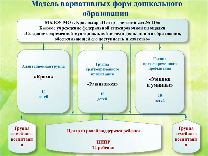 Модель вариативных форм дошкольного образования МБДОУ МО г. Краснодар «Центр –