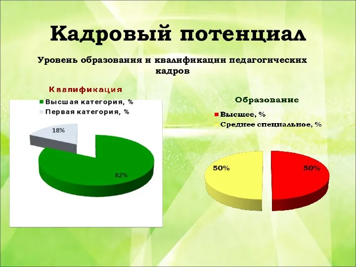 Кадровый потенциал Уровень образования и квалификации педагогических кадров