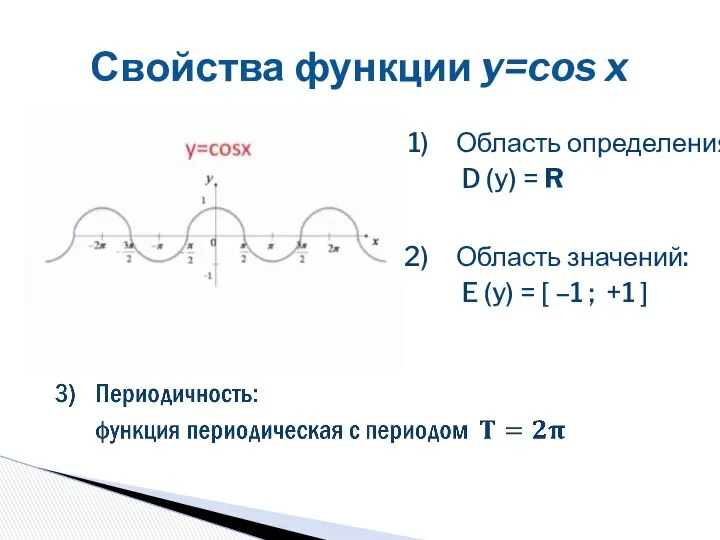 Свойства функции y=cos x Область определения: D (y) = R Область